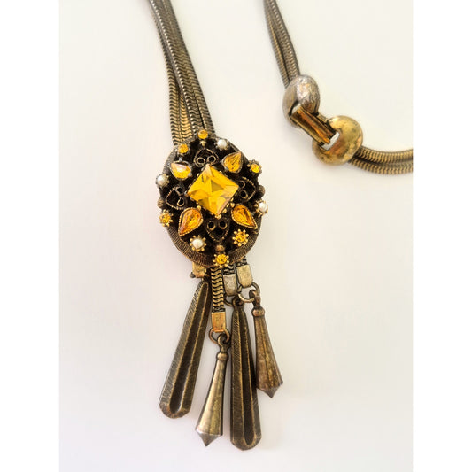 Vintage Mid-Century Yellow Rhinestones and Faux Pearl Bolero Sliding Necklace