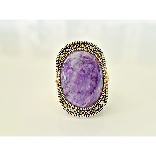 Vintage Sterling Silver Purple Charoite and Marcasite Statement Ring