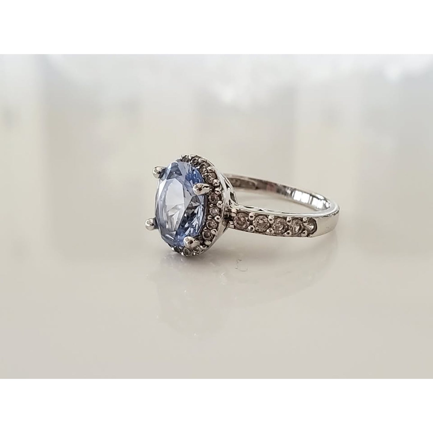 Blue Stone and CZ Halo Sterling Silver Ring
