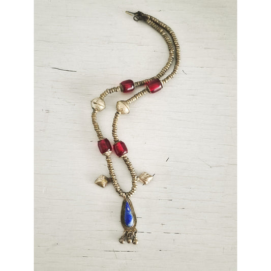 Vintage Turkoman Afghan Lapis Luzli Pendant and Cherry Amber Bead Necklace