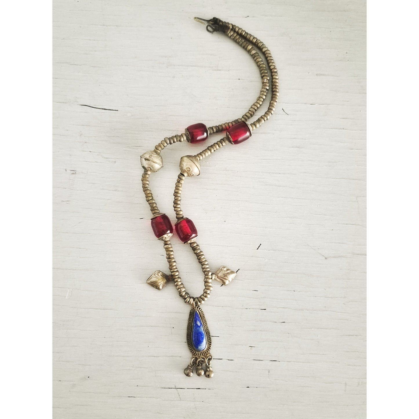 Vintage Turkoman Afghan Lapis Luzli Pendant and Cherry Amber Bead Necklace