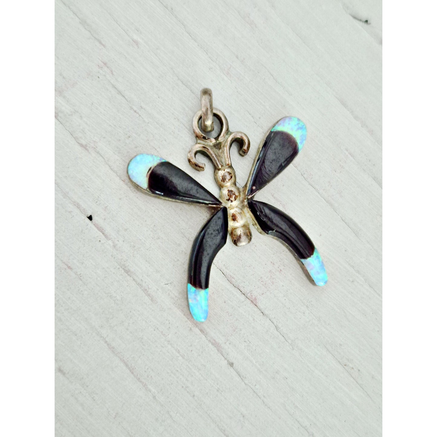 Vintage Native Zuni Sterling Silver Onyx and Opal Inlay Butterfly Pendant