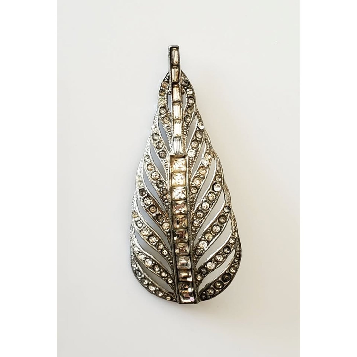 Vintage Art Deco Large Rhinestone Feather Brooch