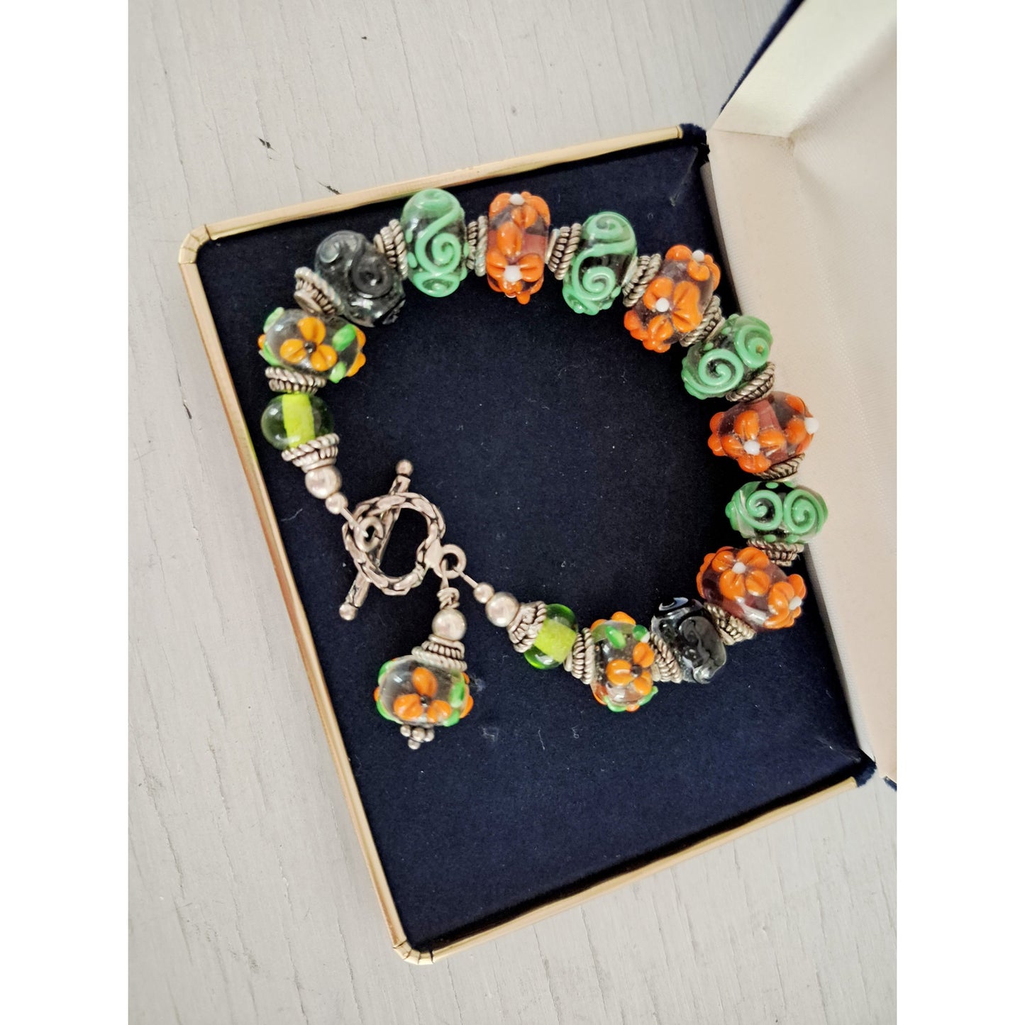 Vintage Artisan Green and Orange Lampwork glass Bead Toggle Clasp Bracelet