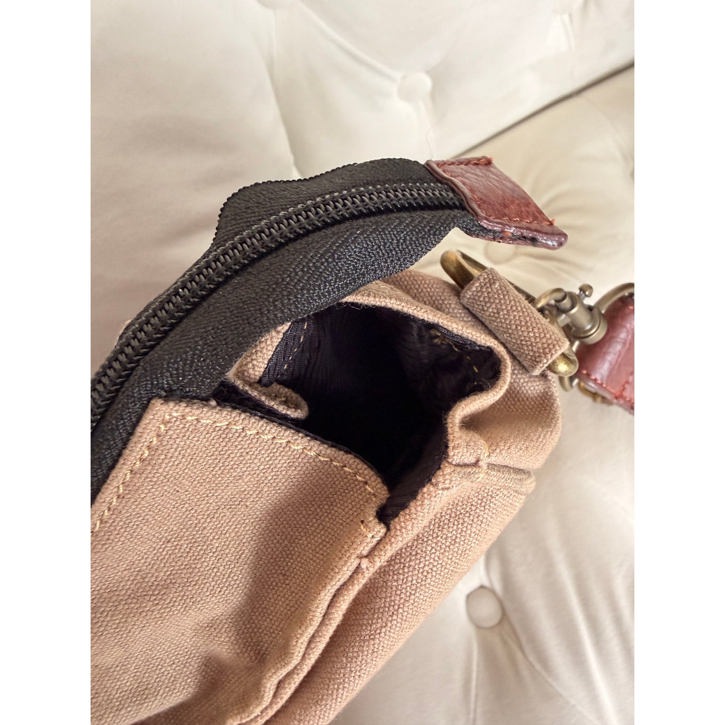 Monteau Los Angeles Canvas Crossbody Bag Tan Brown Leather Trim