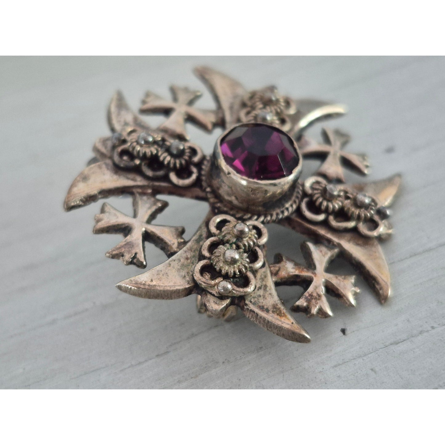 Vintage Silver Purple Stone Maltese Cross Brooch Pendant