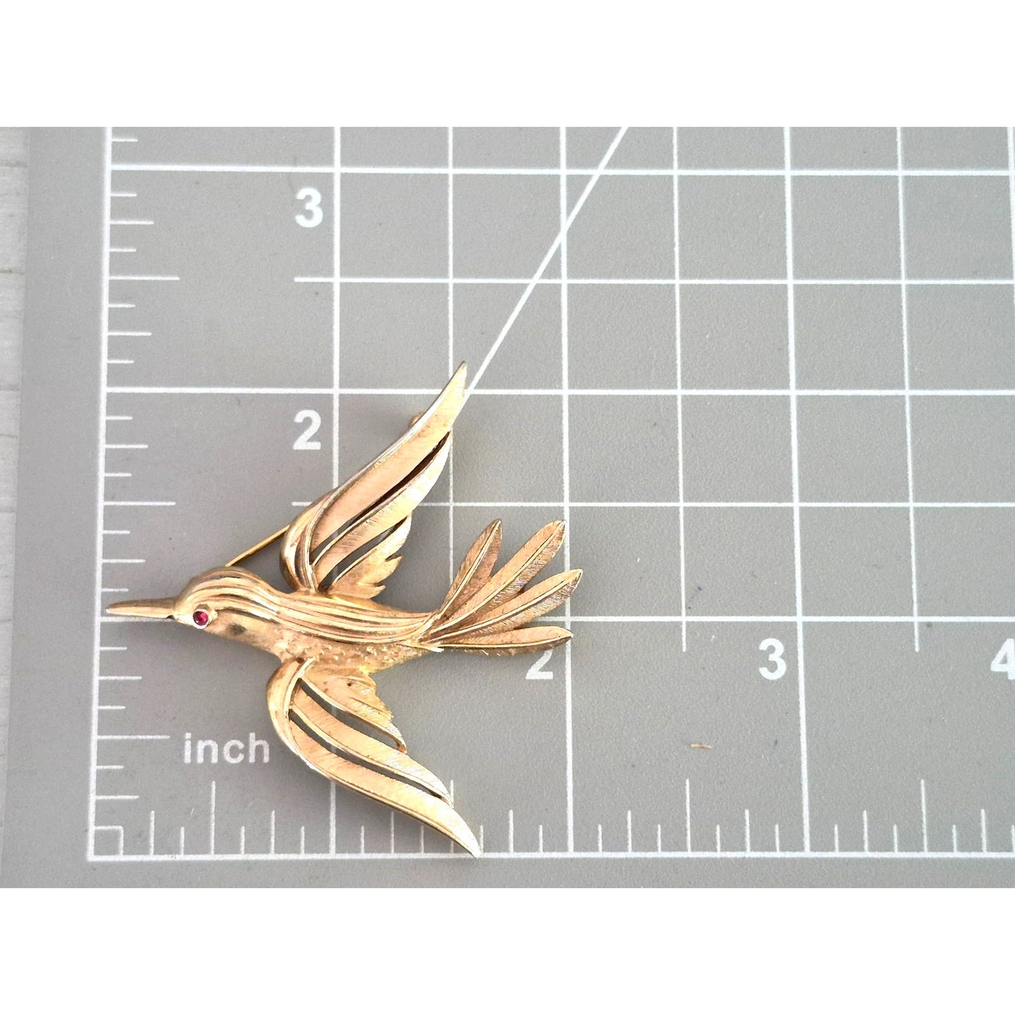 Vintage MCM Crown Trifari Brushed Gold-tone Red Glass Eye Flying Bird Pin Brooch