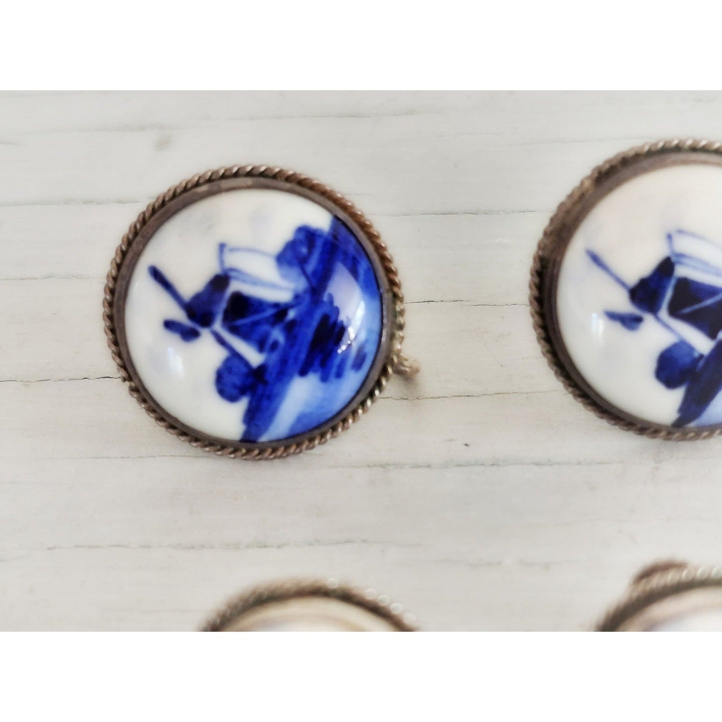Vintage Delft Dutch Blue White Porcelain Sterling Silver Screw-on Earrings Lot