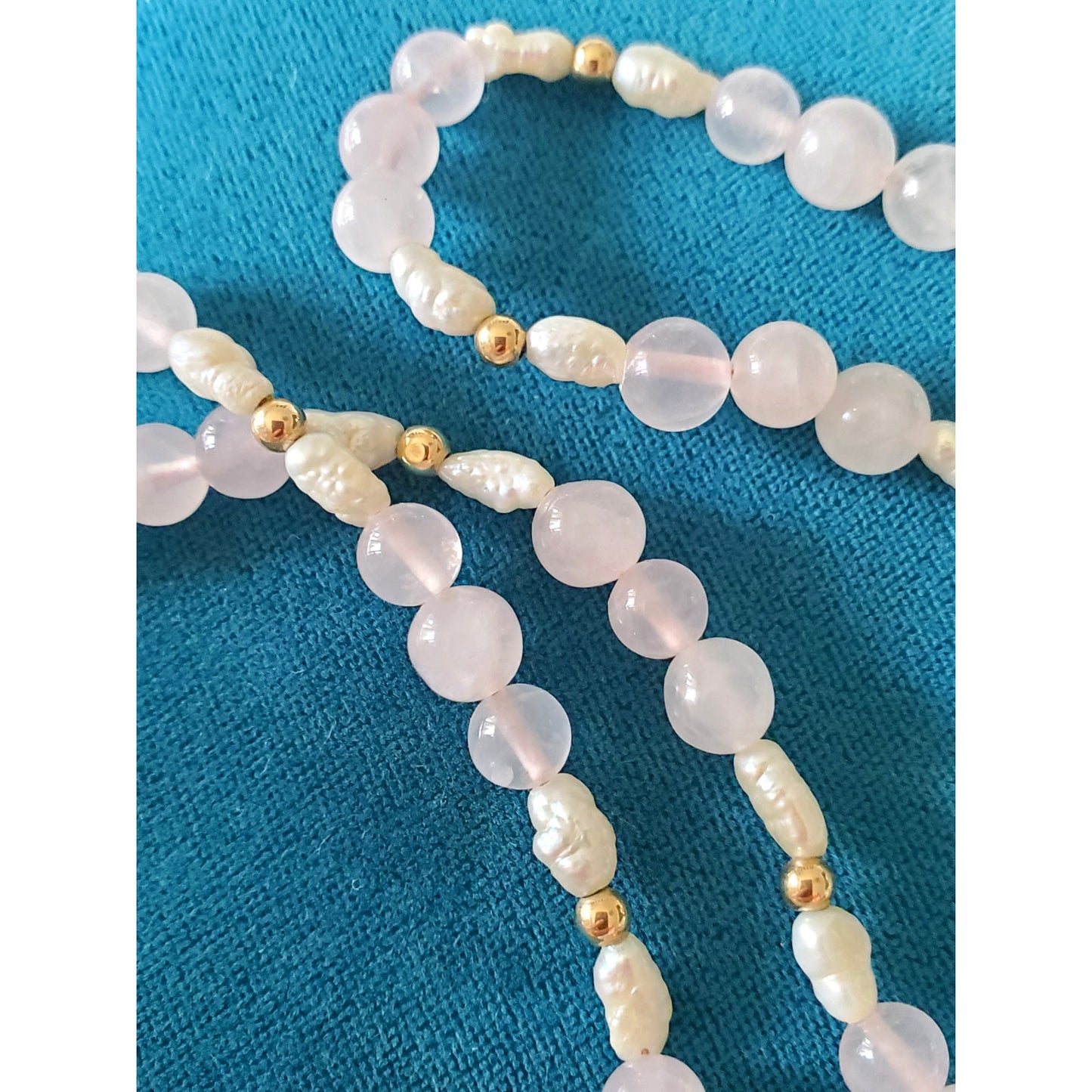 Vintage Rose Quartz Rice Pearl and Gold-tone Beaded Necklace