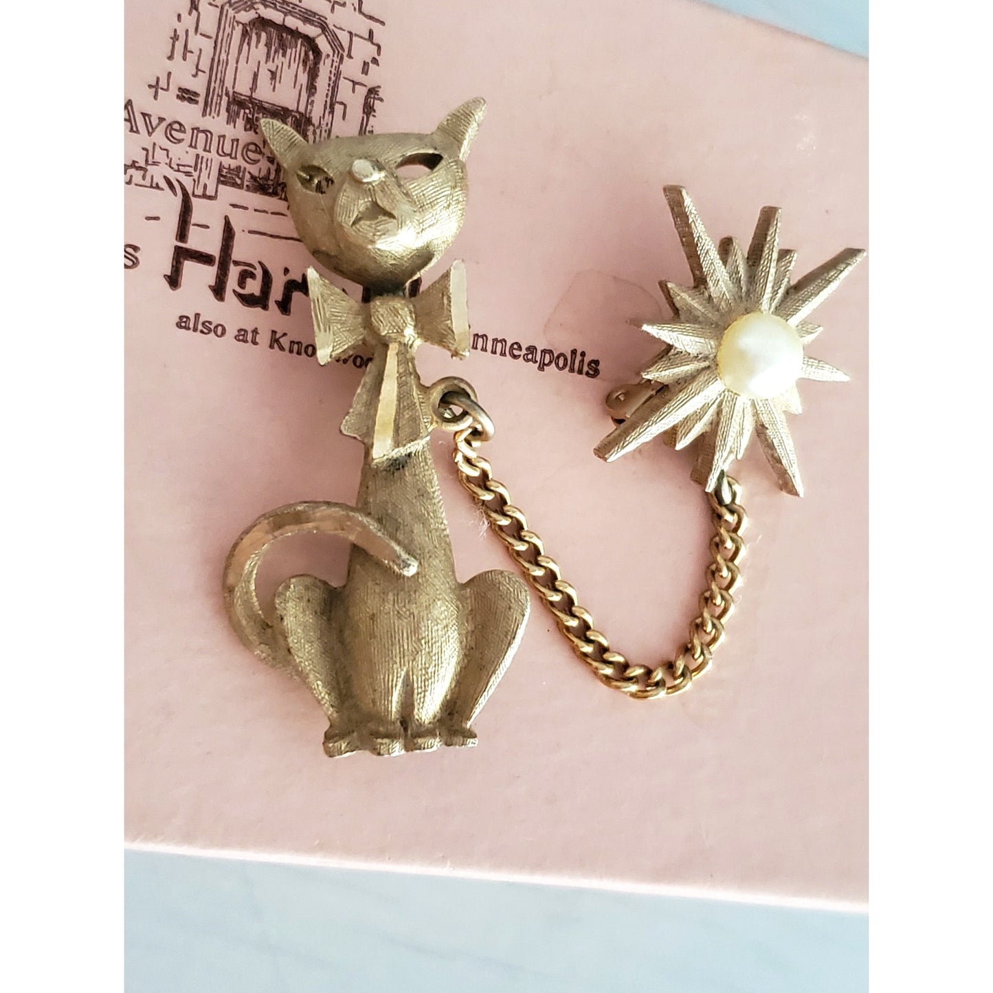 Vintage MCM Cat Star Burst Sweater Chatelaine Brooch Pin