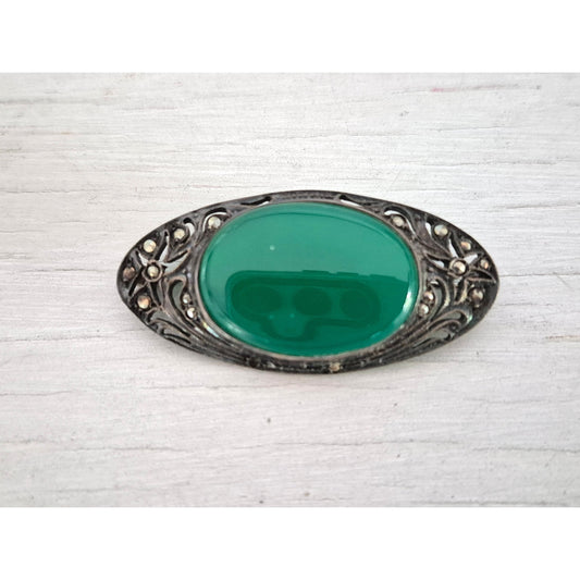 Vintage Victorian Art Deco Sterling Silver Marcasite and Chrysoprase Oval Brooch