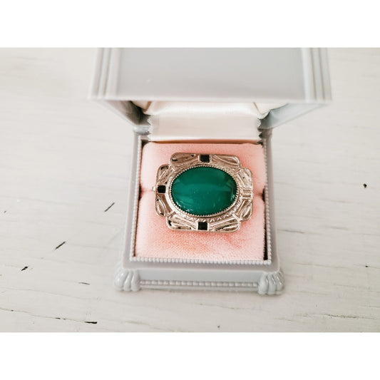 Vintage 1930's Czechoslovakia Silver Tone and Green Carbochan Brooch