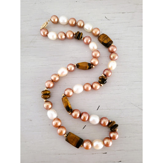 14K Gold Honora Natural Brown Cream Pearl & Tigers Eye Necklace
