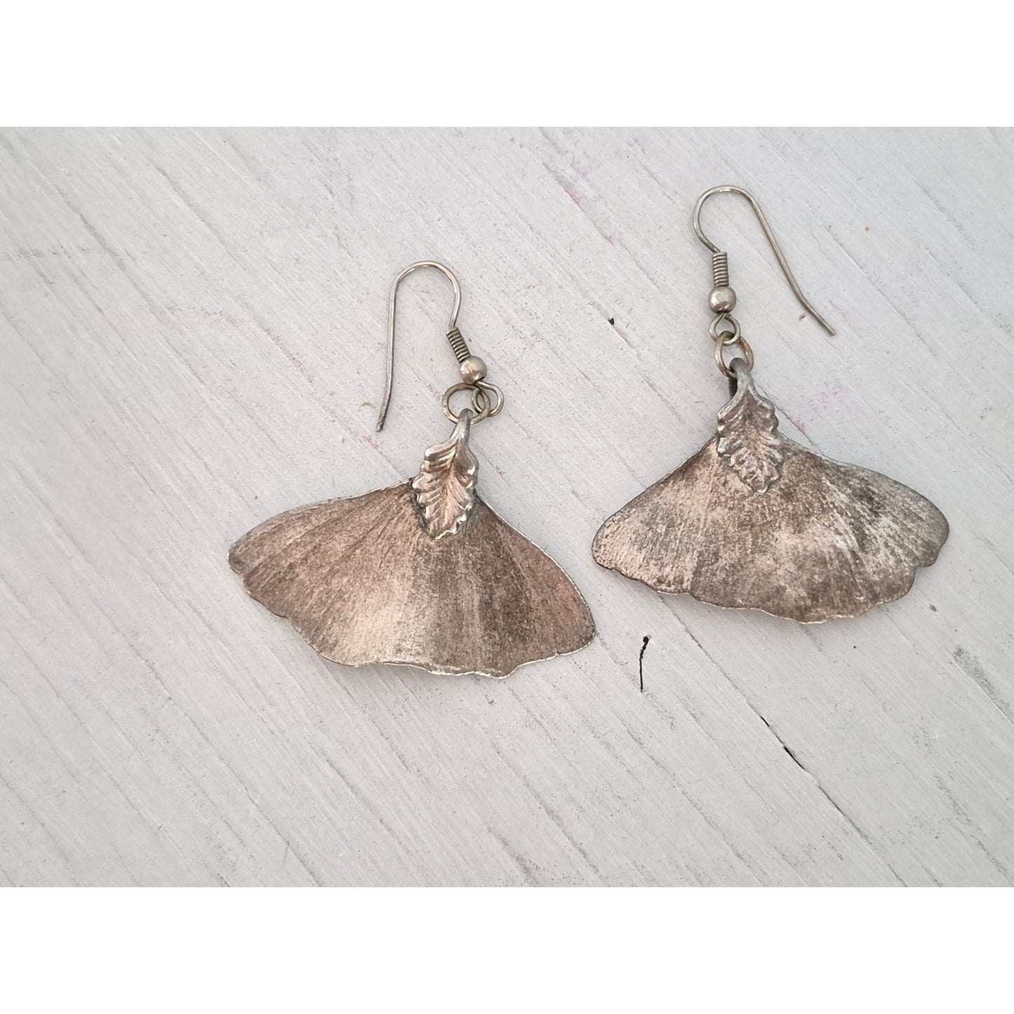 Vintage Sterling Silver Ginkgo Leaf Drop Earrings