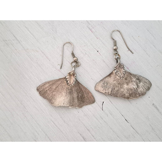 Vintage Silver tone Ginkgo Leaf Drop Earrings