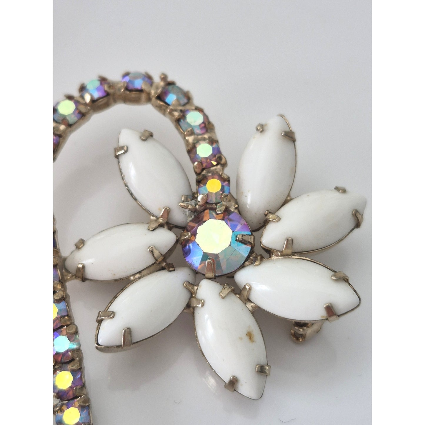 Vintage D & E Juliana Flower Milk Glass and AB Stone Brooch