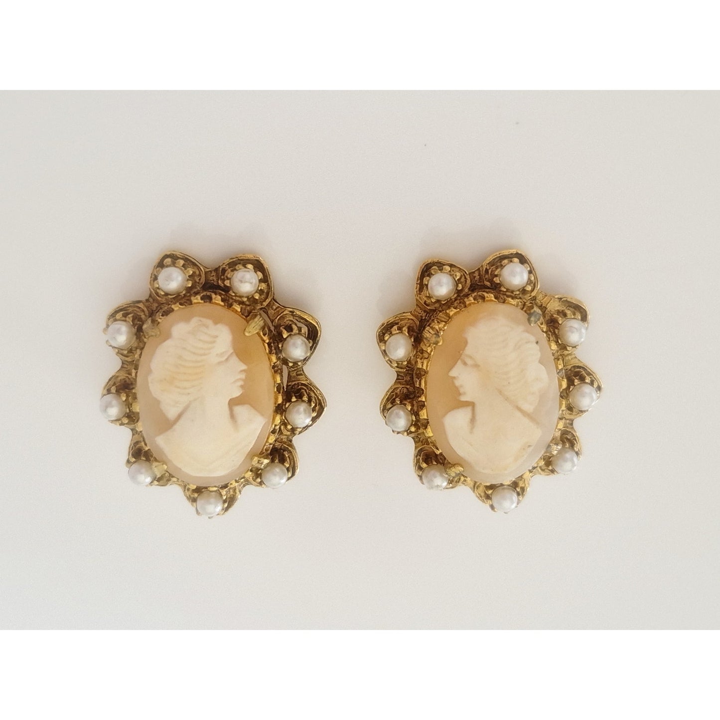 Vintage MCM Pearl Halo Victorian Lady Cameo Earrings