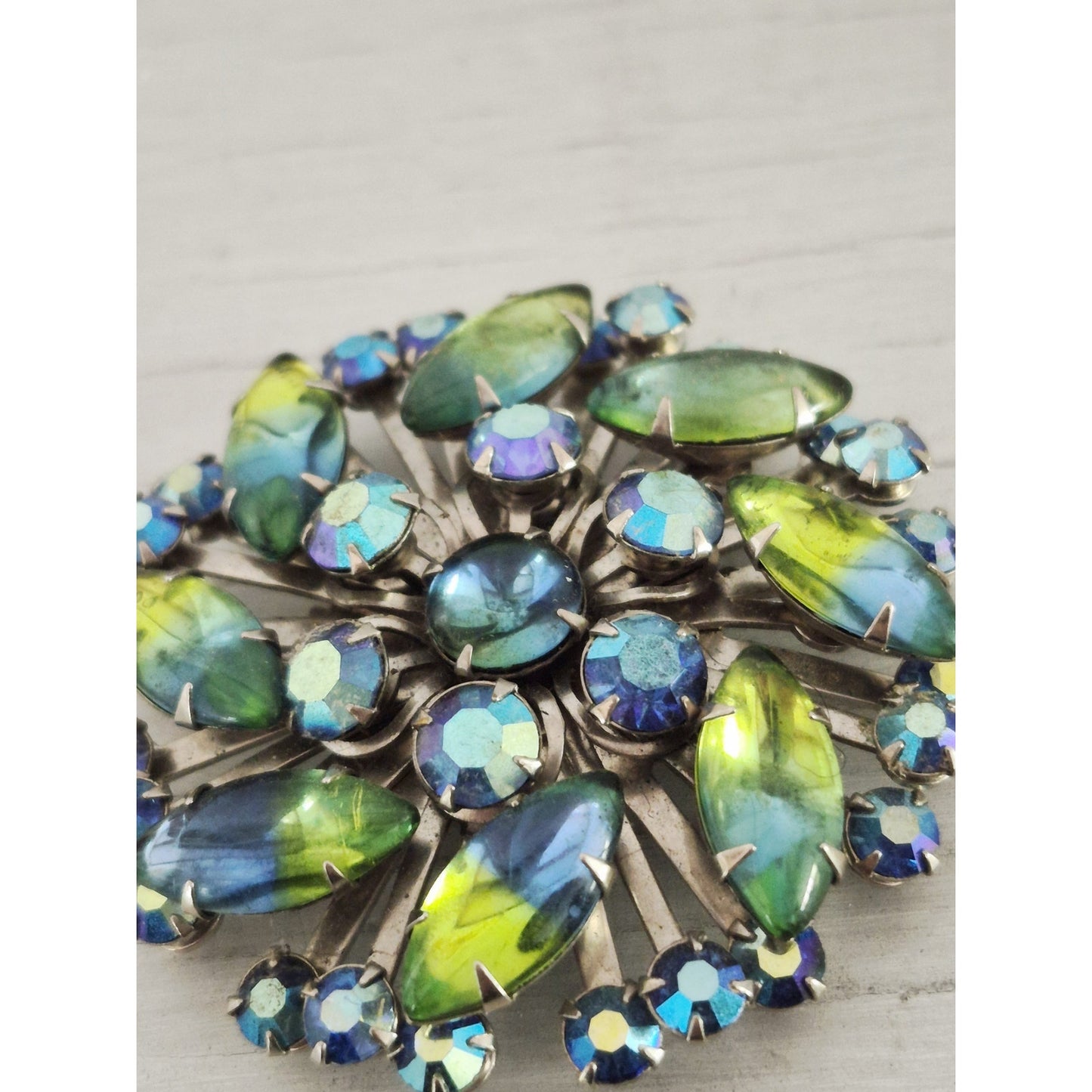 Vintage MCM Blue Green Iridescent Rhinestone Dome Brooch