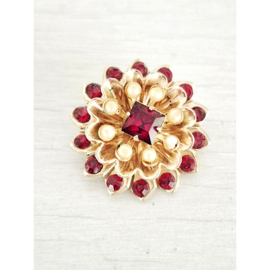 Vintage Coro Designer Red Rhinestone and Faux Pearl Floral Dome Brooch