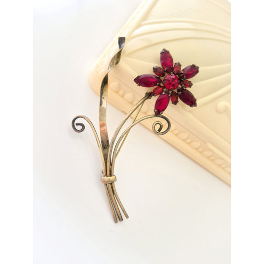 Vintage Coro Red Faceted Crystals Sterling Silver Gold Vermeil Flower Brooch
