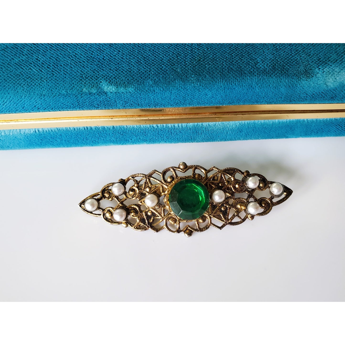 Vintage Art Deco Filigree Green Stone and Pearl Brooch