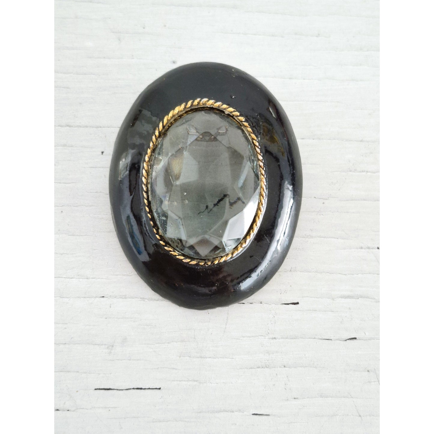 Vintage Black Enamel Light Blue Mourning JAN Designer Brooch