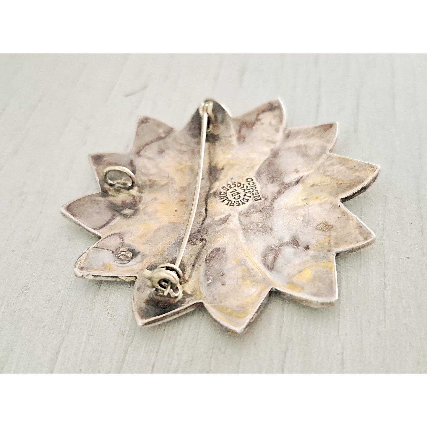 Vintage Sterling Silver Taxco Abalone Shell Mexican Flower Brooch