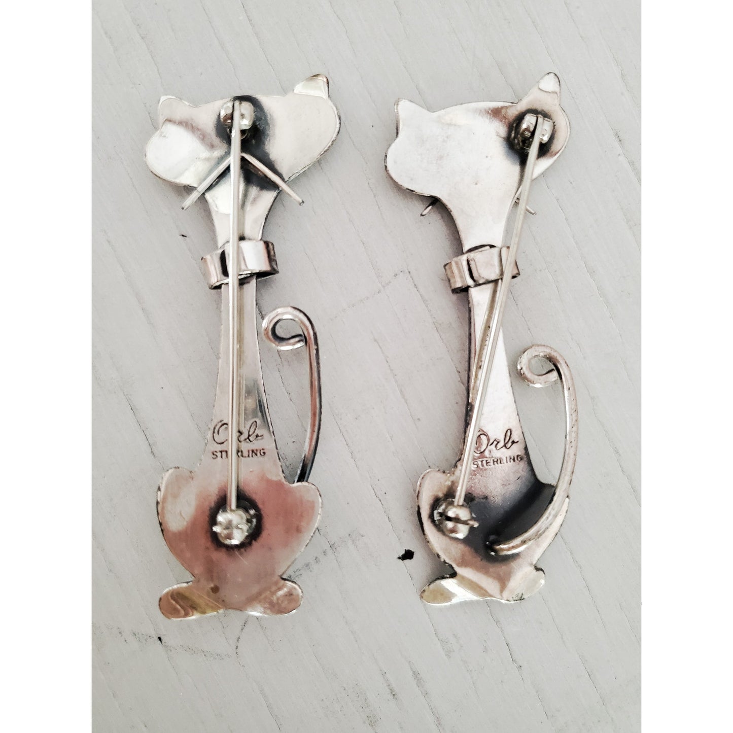 Vintage Pair of Orb Otto Robert Bade Designer Sterling Silver Cat Brooches
