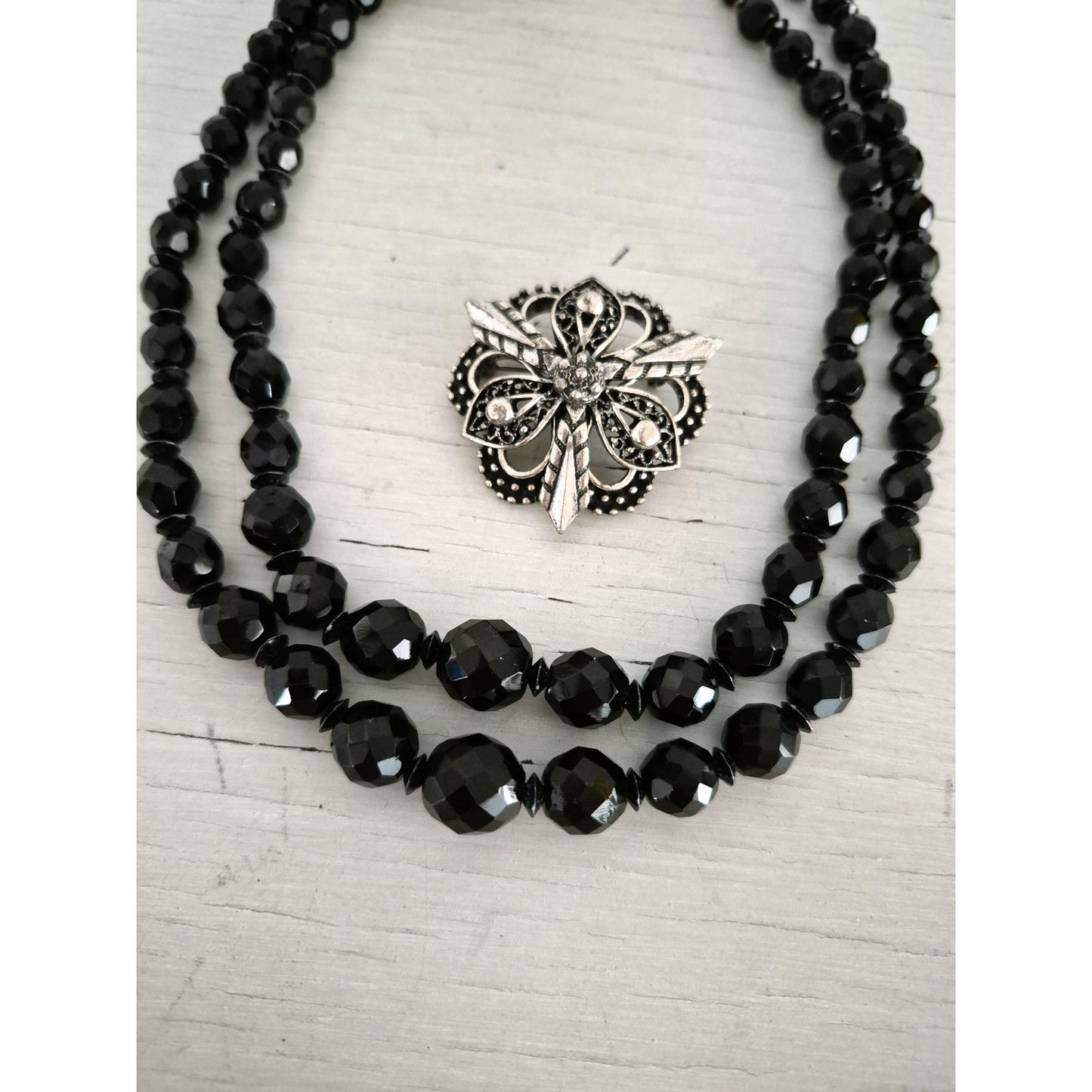 Vintage Double Strand Black Beaded Necklace and Hedy Designer Brooch Set