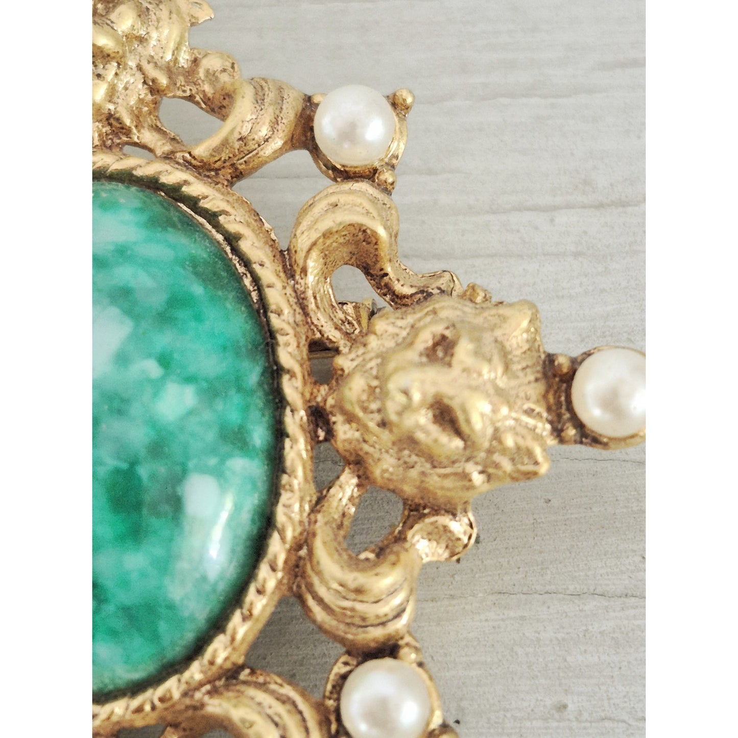 Faux Jade and Pearl Gold-tone Brooch