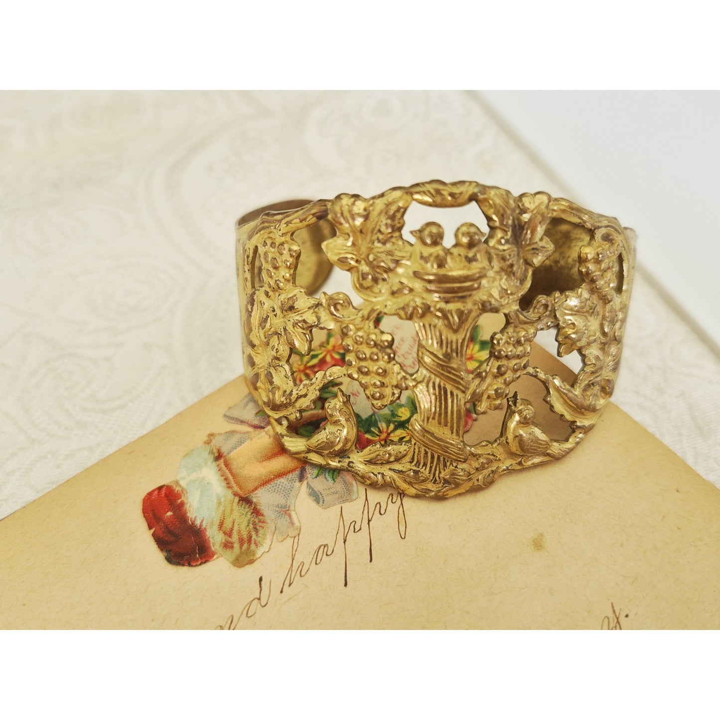 Vintage Repoussé-Style Brass Cuff Bracelet