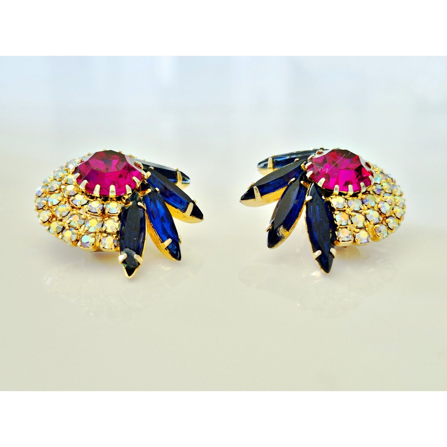 Vintage Hobe High Designer Magenta Blue and AB Dome Earrings