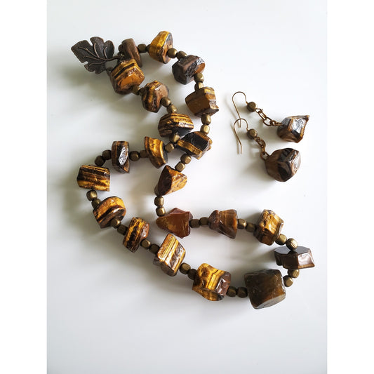 Beaded Tiger Eye Necklace and Earring Jewelry Set