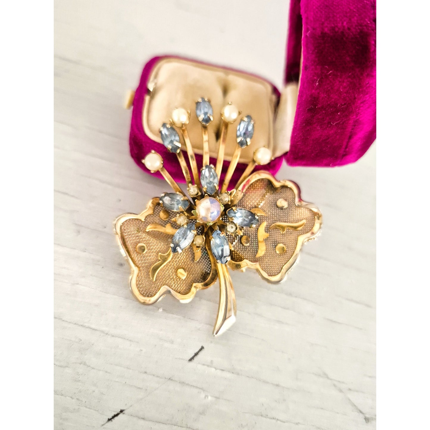Vintage Gold Tone Blue Rhinestone and Faux Pearl Floral Brooch