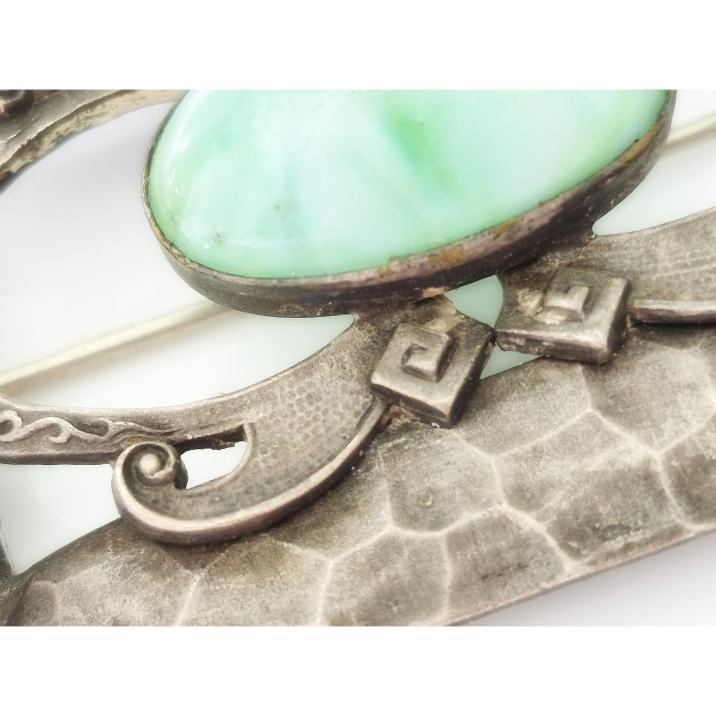 Antique Victorian Peking Green Glass Art Nouveau C-Clasp Brooch