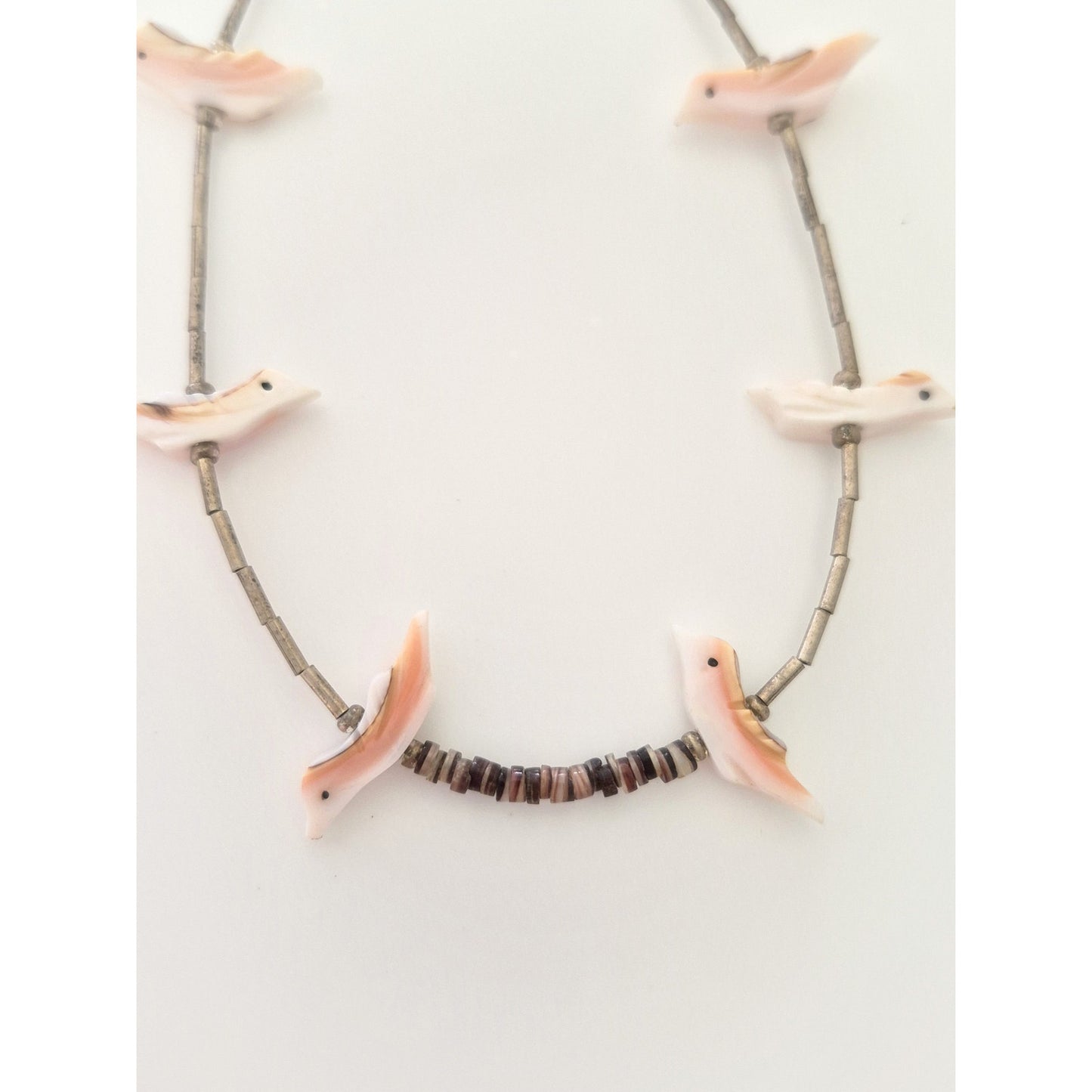 Vintage MOP Pink Birds Shell and Liquid Silver Bead Choker Necklace
