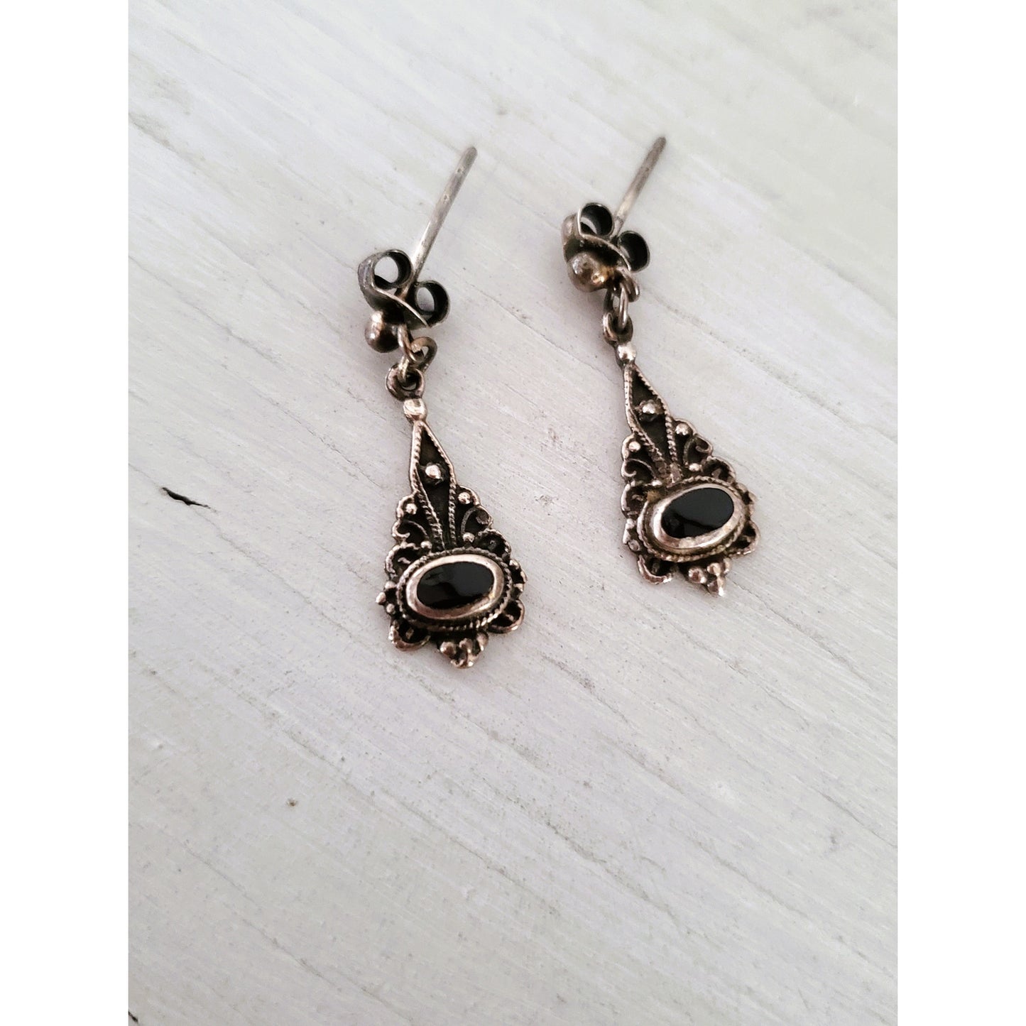 Vintage Dainty Onyx Sterling Silver Dangle Earrings