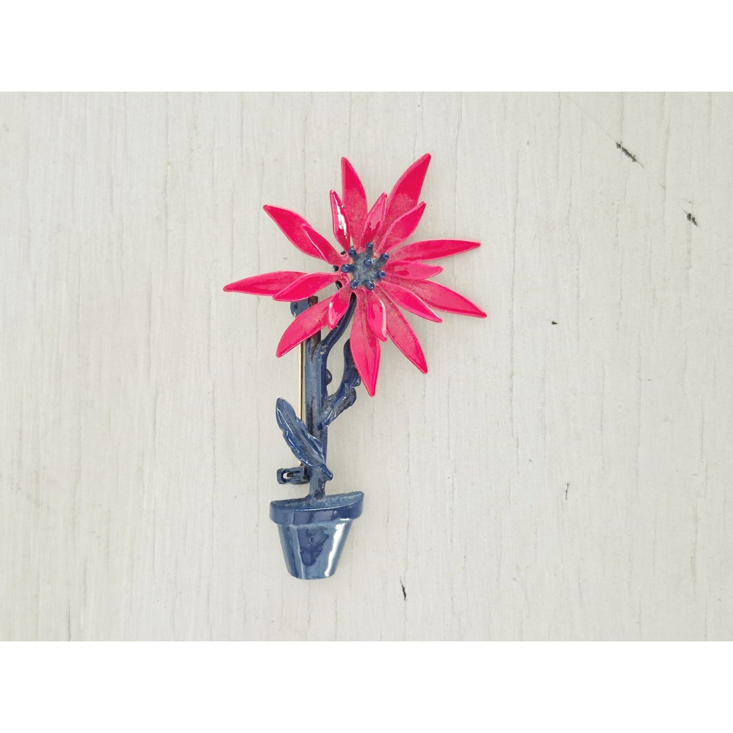 Vintage Hot Pink and Blue 1960s Enameled Flower Brooch