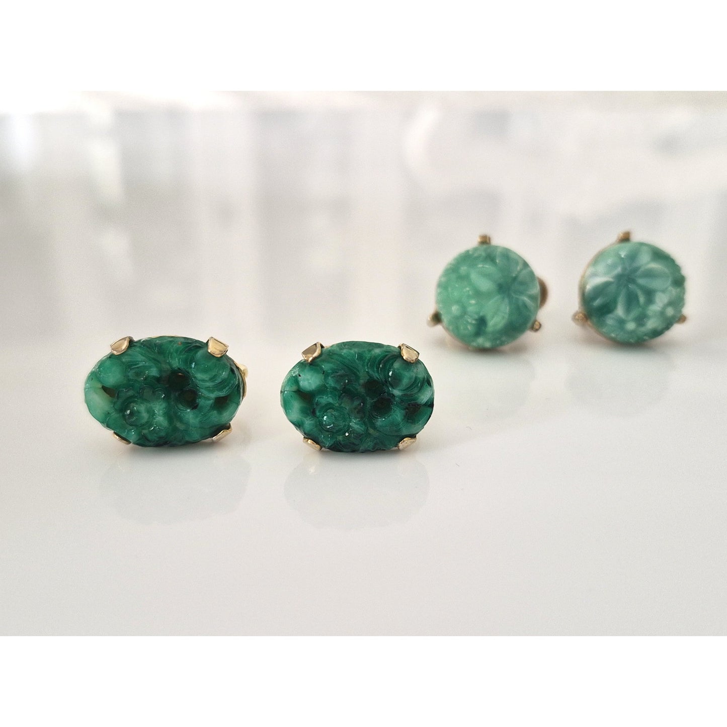 Vintage Mid-Century Faux Molded Glass Jade Screw On Earrings Lot of 2