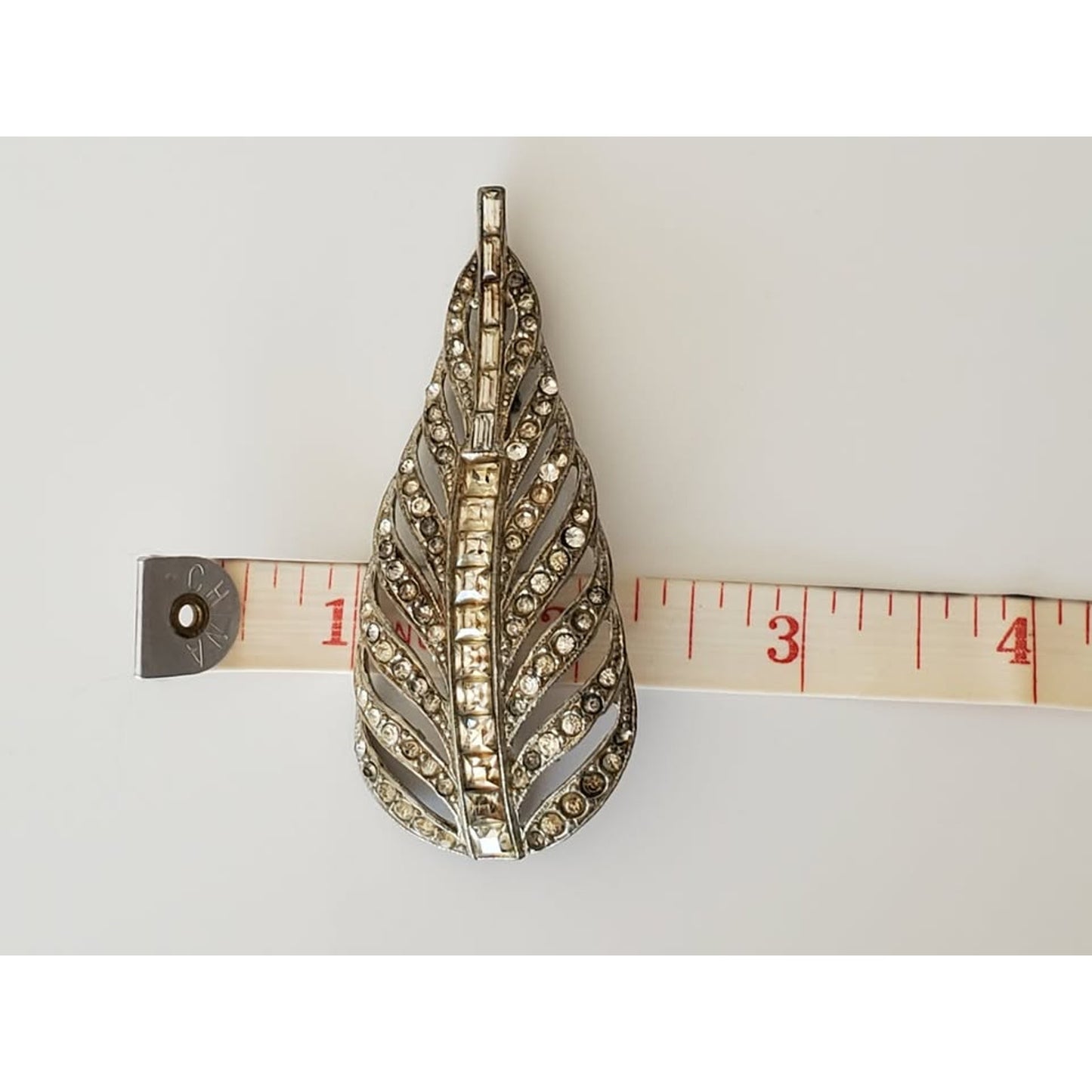 Vintage Art Deco Large Rhinestone Feather Brooch