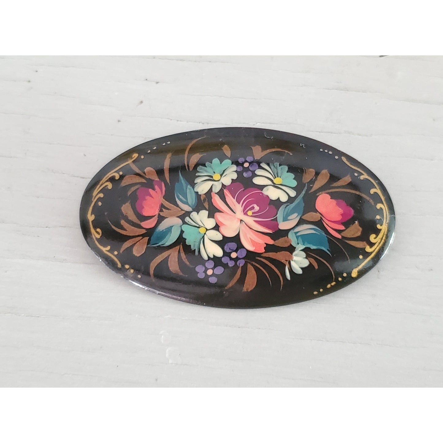 Vintage Russian Signed Hand Painted Floral Brooch Pin