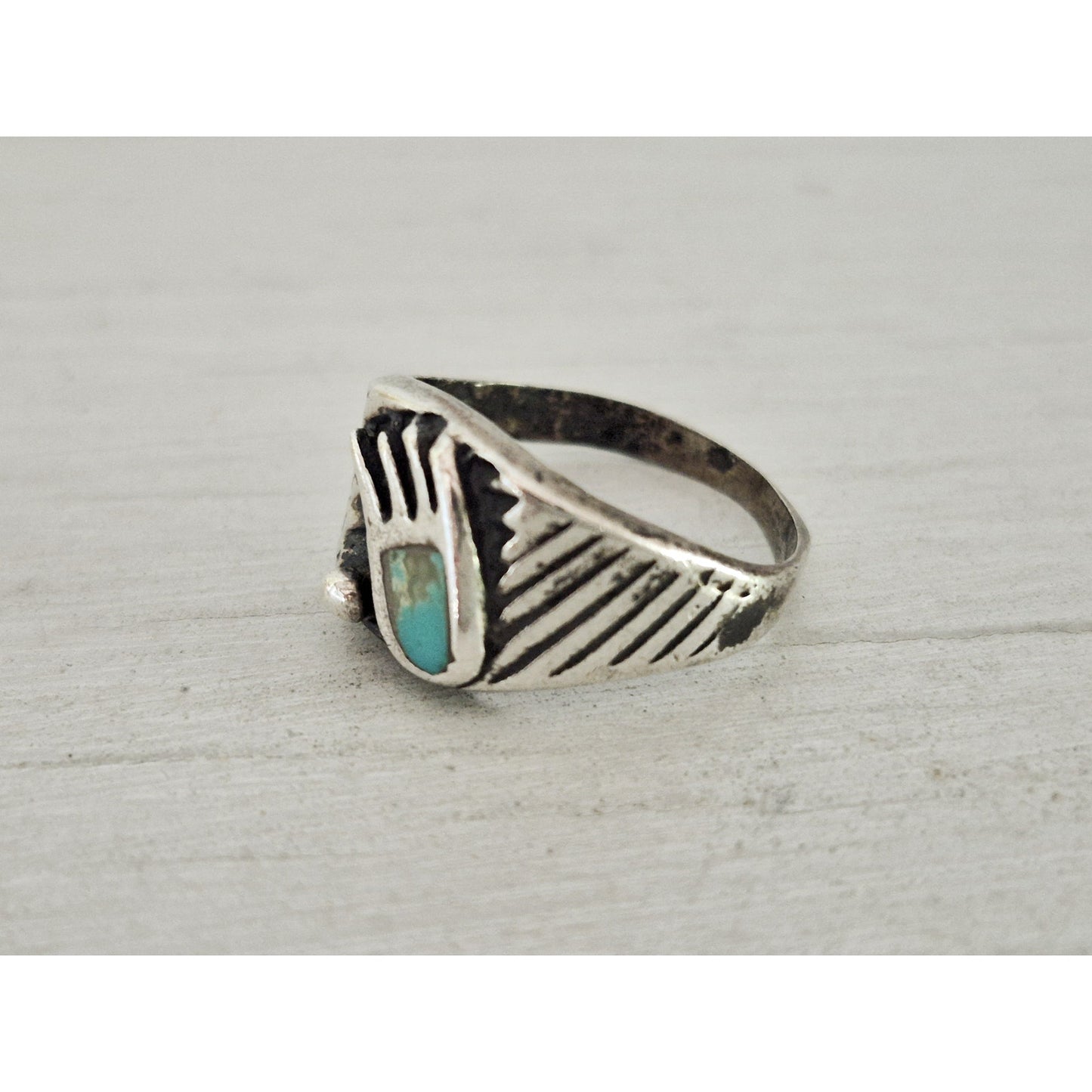 Vintage Sterling Silver Turquoise Native American Bear Paw Pinky Ring