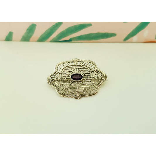 Vintage 10K Antique Victorian Filigree Amethyst Petite Brooch