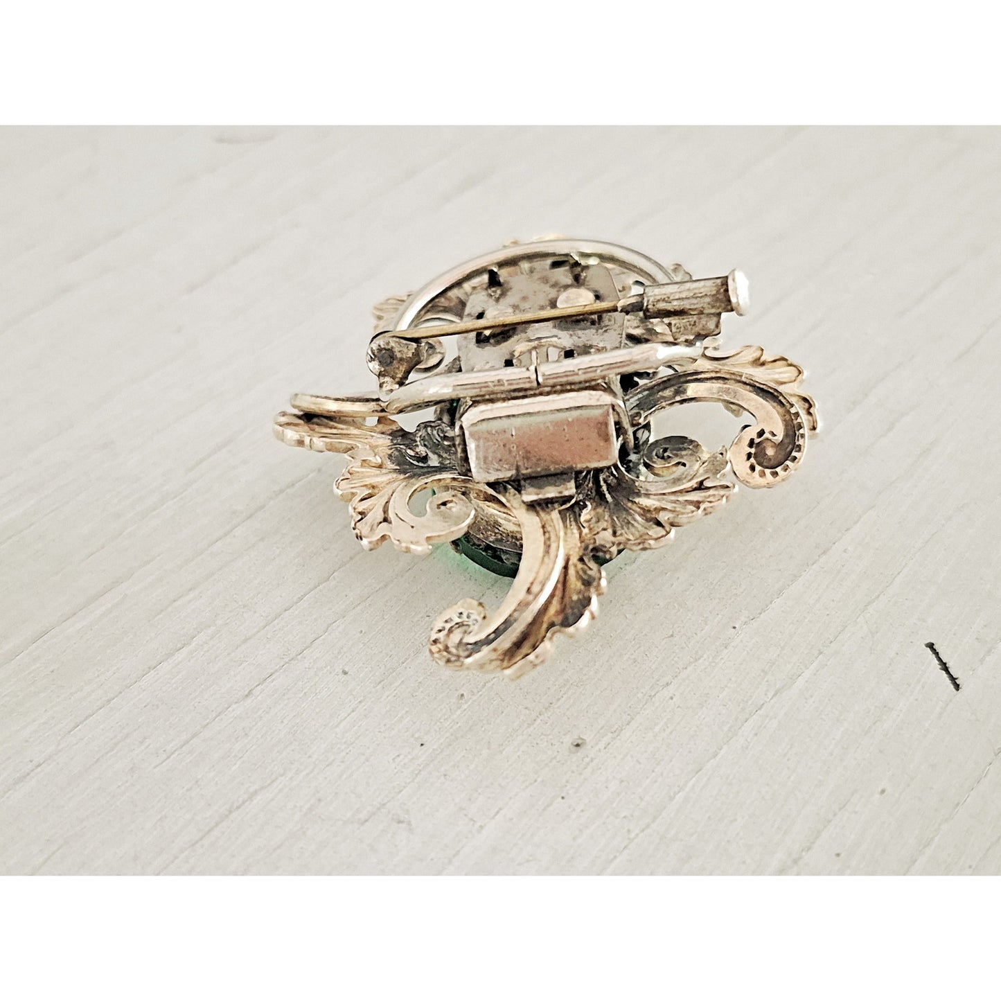 Vintage Brass Large Green Stone Swirl Brooch Clip