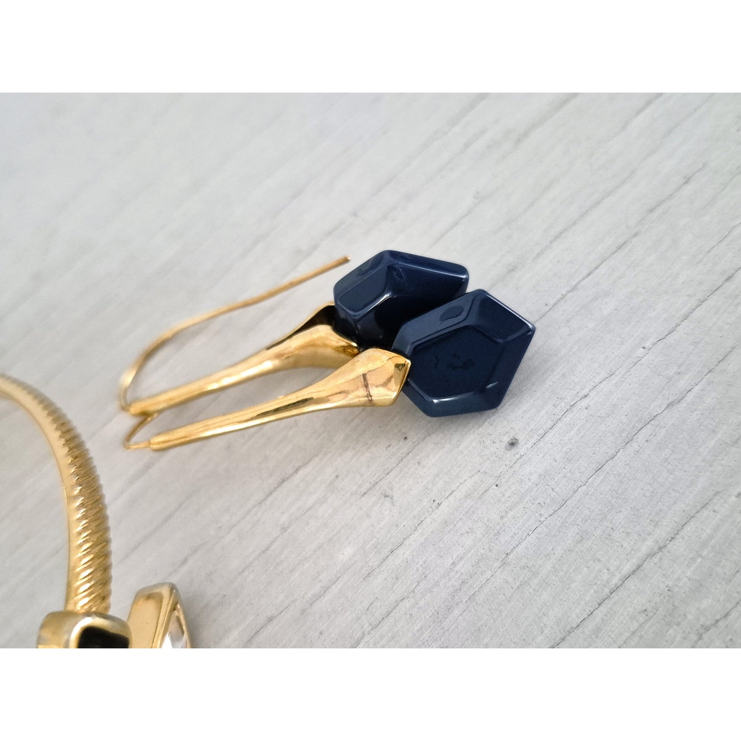 Vintage Gold Tone and Navy Blue Bangle and Earring Set