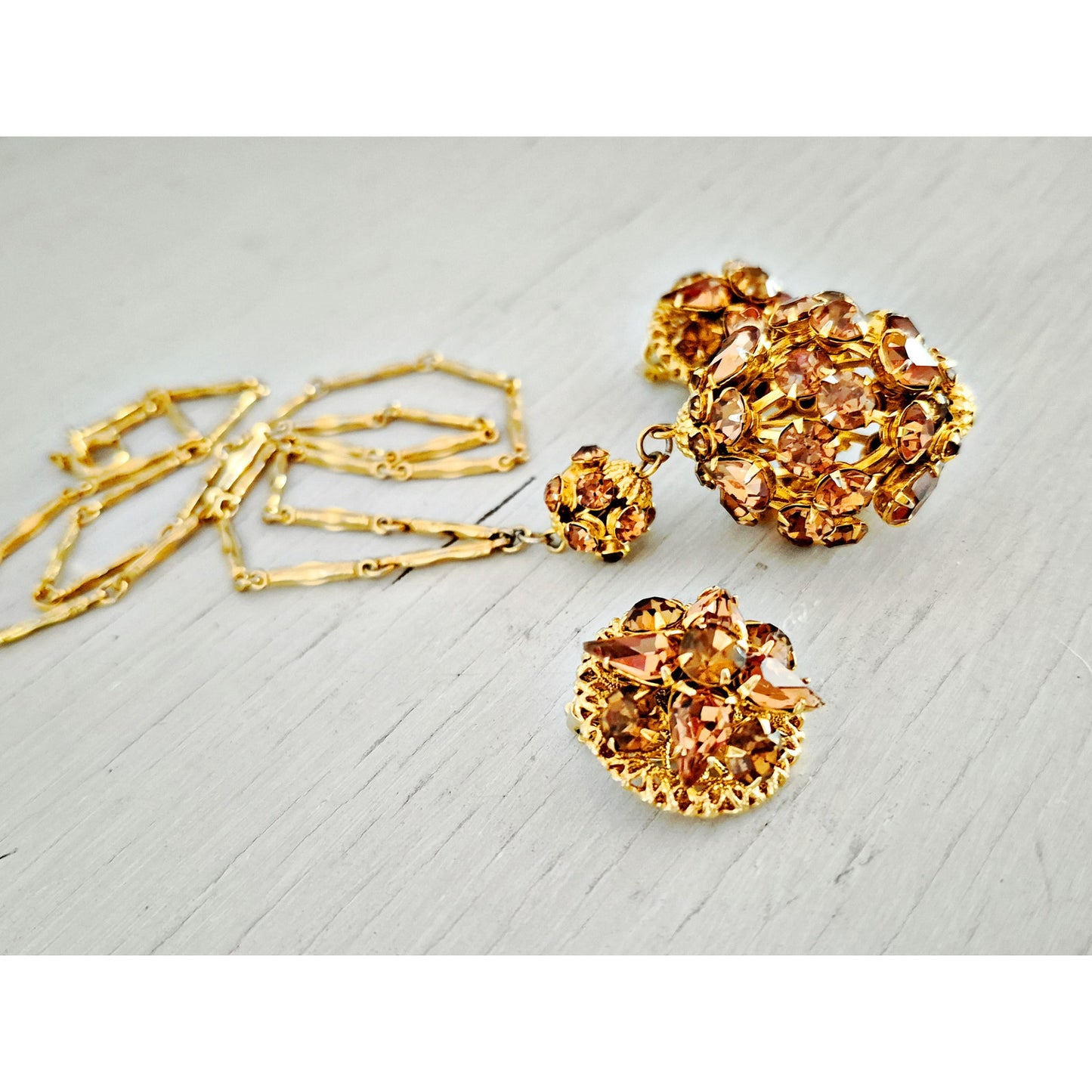 Vintage 1970s Citrine Crystal Orb Lariat Gold Plated Necklace and Earring Set