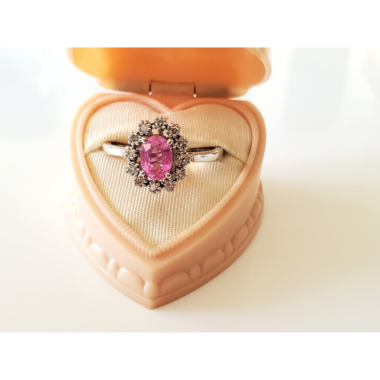 Vintage 14K White Gold Pink Ice and Diamond Halo Ring