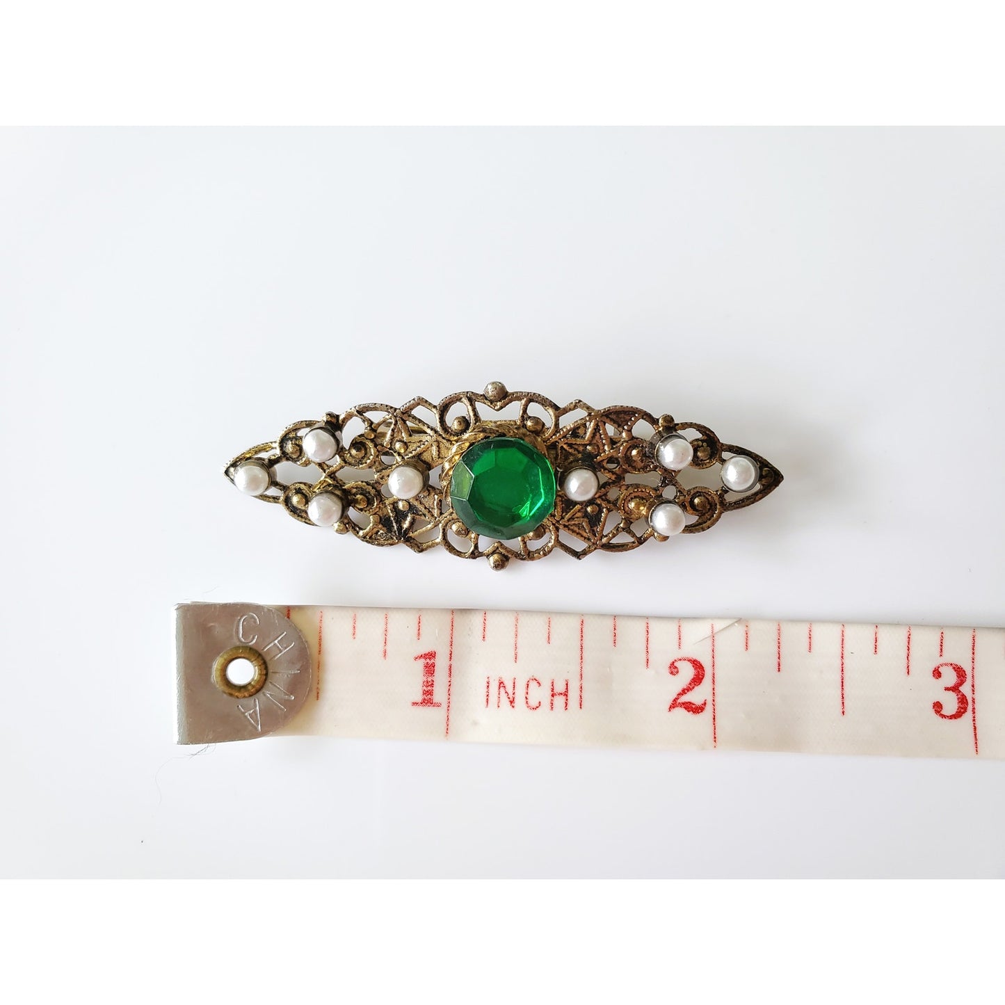 Vintage Art Deco Filigree Green Stone and Pearl Brooch