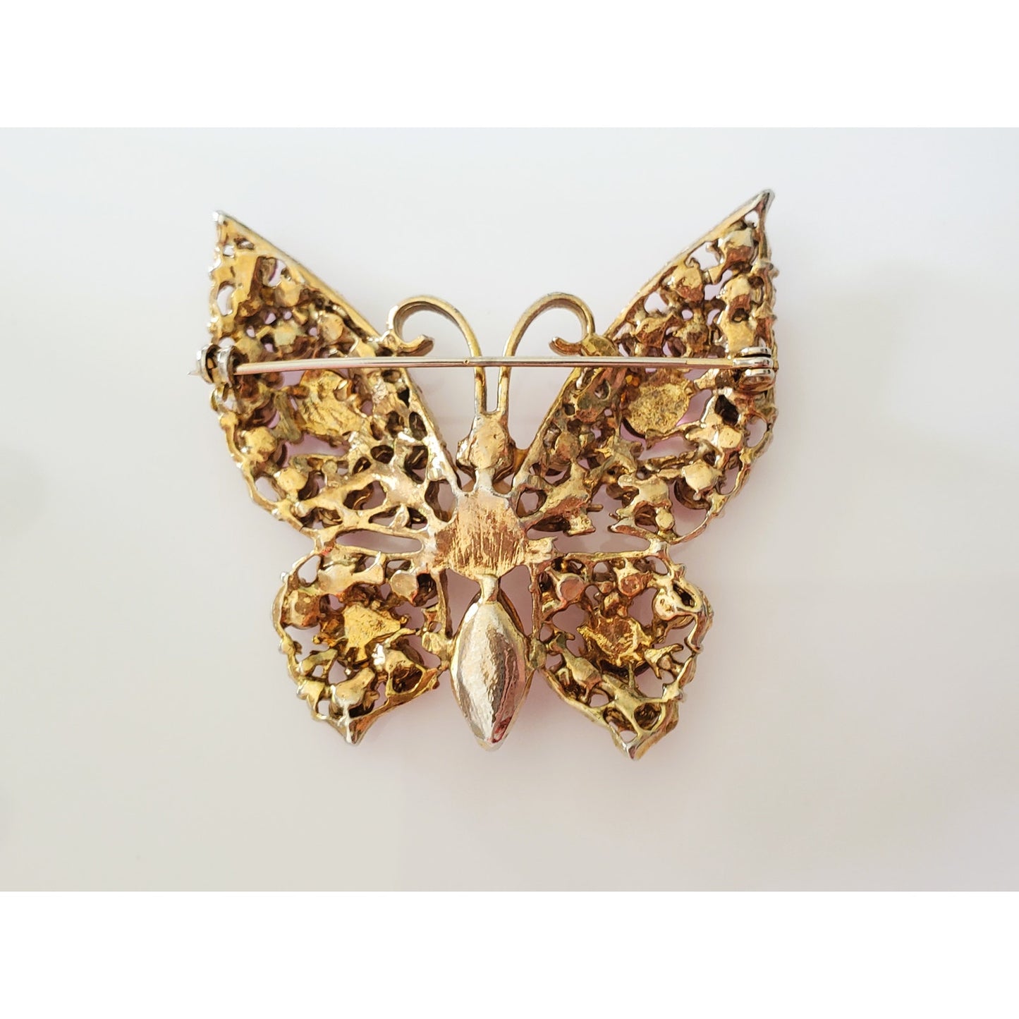 Vintage Pink Rhinestone and Gold Tone Butterfly Brooch