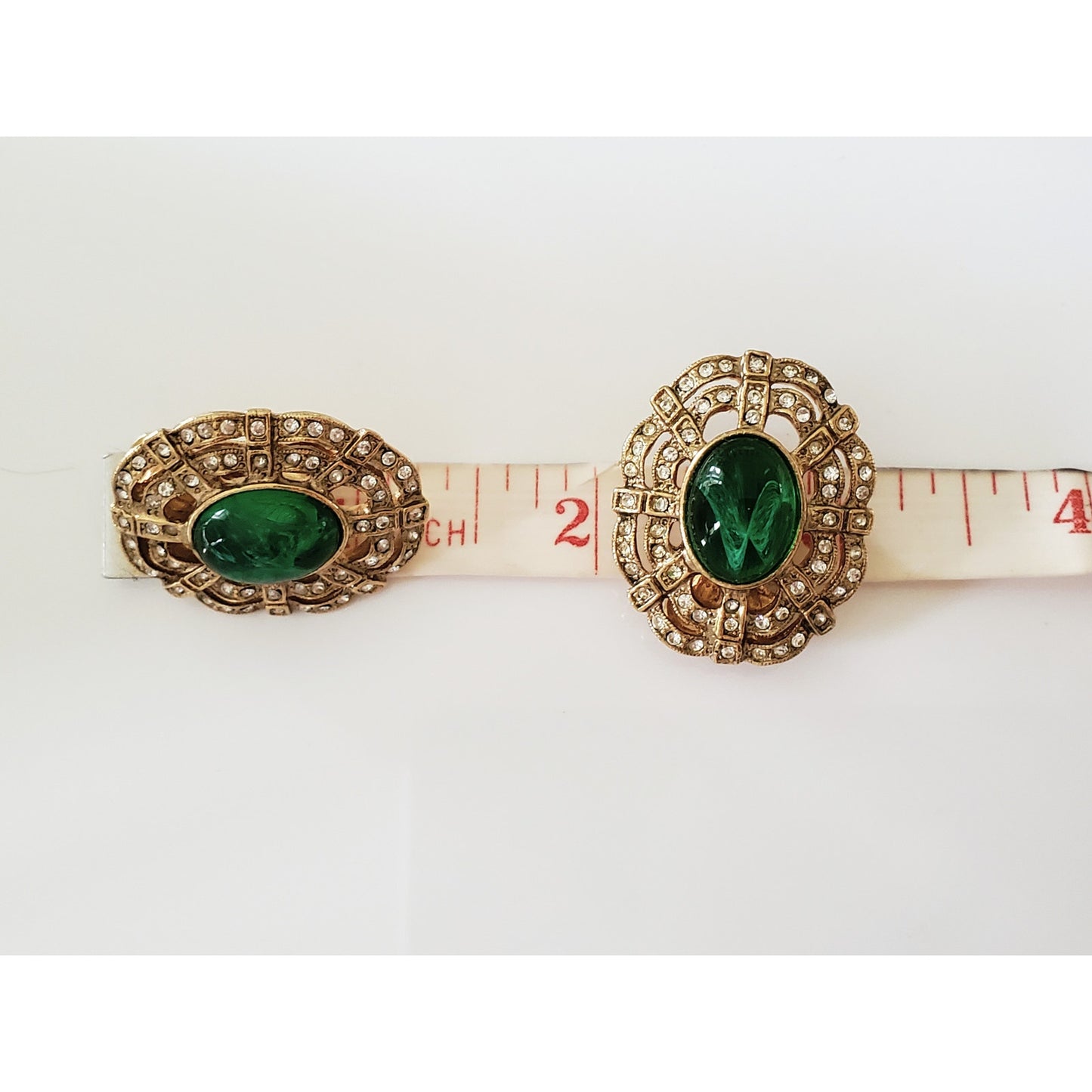 Vintage Green and Gold Tone Crystal Clip On Earrings